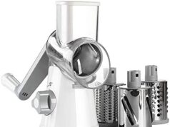 Review of Ourokhome Rotary Cheese Grater Shredder – 3 Drum Blades Manual Speed Round Food Slicer Nut Grinder with Strong Suction Base for Cheese, Vegetable, Walnut, Chocolate, Potato, Carrot, White Gray