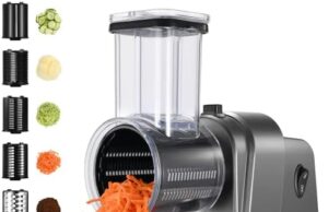 Review of Electric Cheese Grater, 250W Professional Electric Slicer Shredder, Electric Salad Machine for Fruits, Vegetables, Cheeses, Salad Maker with 5 Free Attachments, Upgraded in 2023