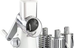 Review of Tevokon Cheese Grater Rotary Cheese Grater 3 Multi Blade Cheese Shredder Manual Vegetable Slicer with Non-slip Suction Base Nuts Grinder Vegatable Shredder With Brush Peeler White