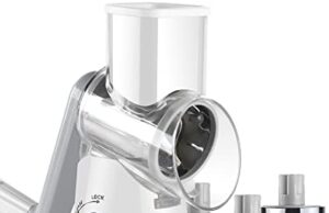 Review of Ancevsk Rotary Cheese Grater Shredder with Strong Suction Base, Kitchen Speed Hand Crank Vegetable Slicer, Potato Hash Brown Shredder Nut Grinder with 3 Replaceable Stainless Steel Drum Blades (White)