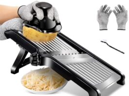 Review of Almcmy Mandoline Slicer for Kitchen, Adjustable Stainless Steel Mandoline Food Slicer with Cut-Resistant Gloves, Vegetable Chopper Onion Slicer Potato Slicer Julienne Slicer – Send 1 Cleaning Brush